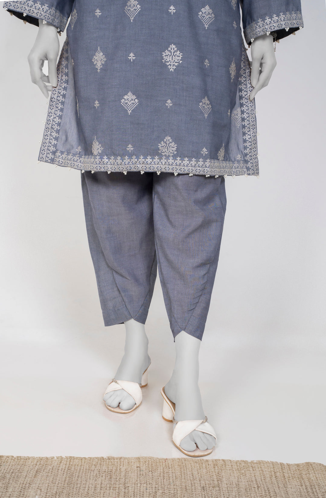 Ayla Studio - Chambray Embroidered Suit For Women - Grey - 2 Piece