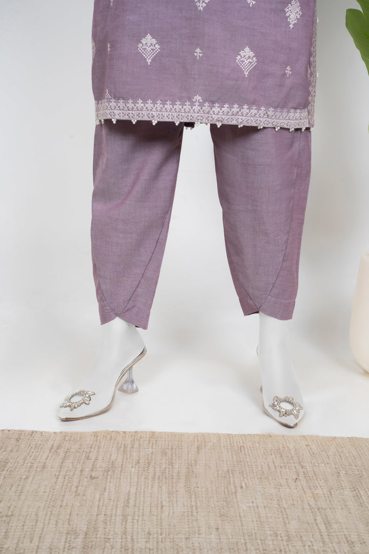 Ayla Studio - Chambray Embroidered Suit For Women - Liliac - 2 Piece