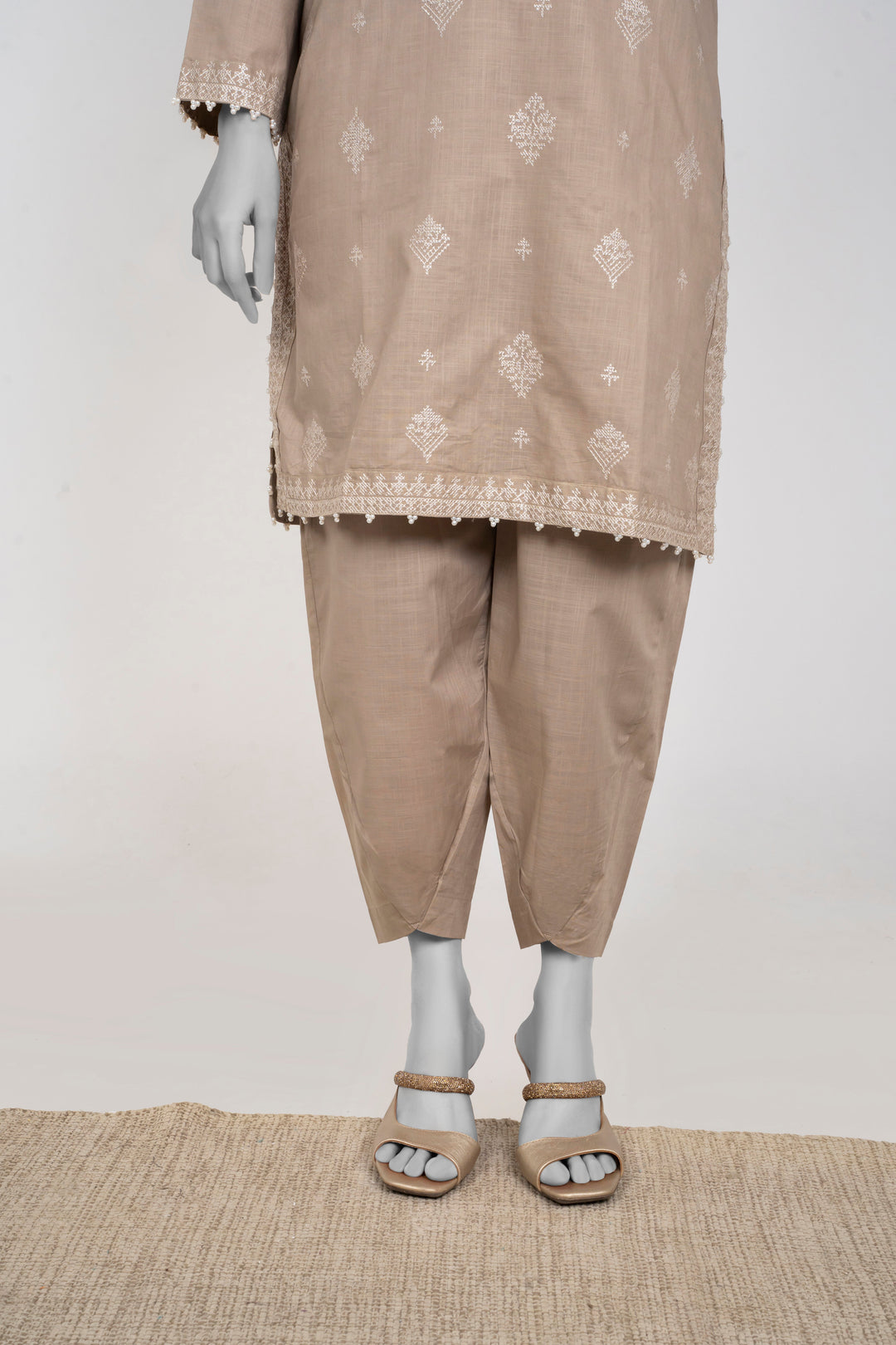 Ayla Studio - Chambray Embroidered Suit For Women - Mushroom Beige - 2 Piece