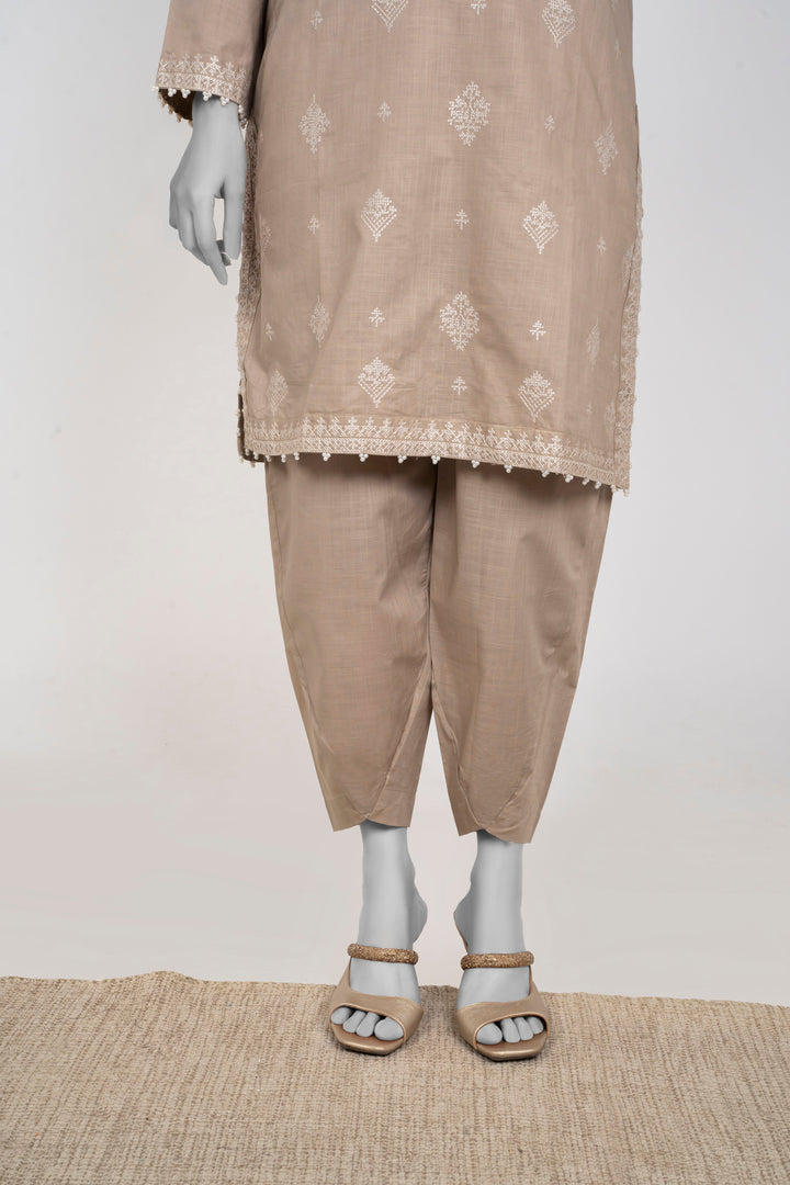Ayla Studio - Chambray Embroidered Suit For Women - Mushroom Beige - 2 Piece