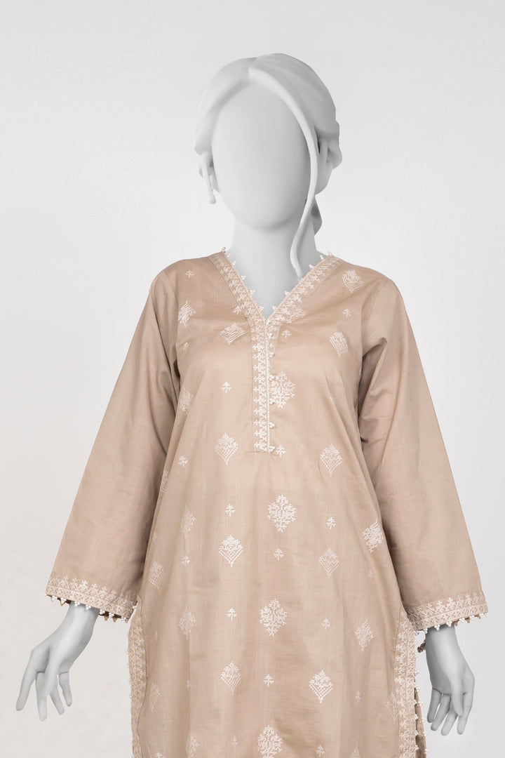 Ayla Studio - Chambray Embroidered Suit For Women - Mushroom Beige - 2 Piece