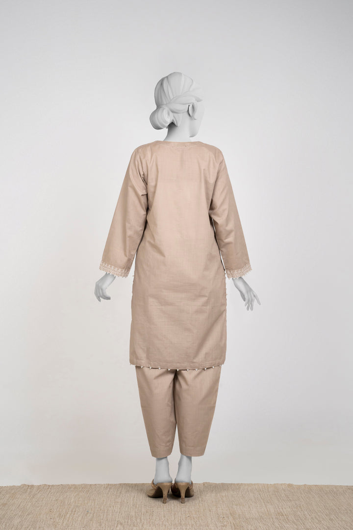 Ayla Studio - Chambray Embroidered Suit For Women - Mushroom Beige - 2 Piece