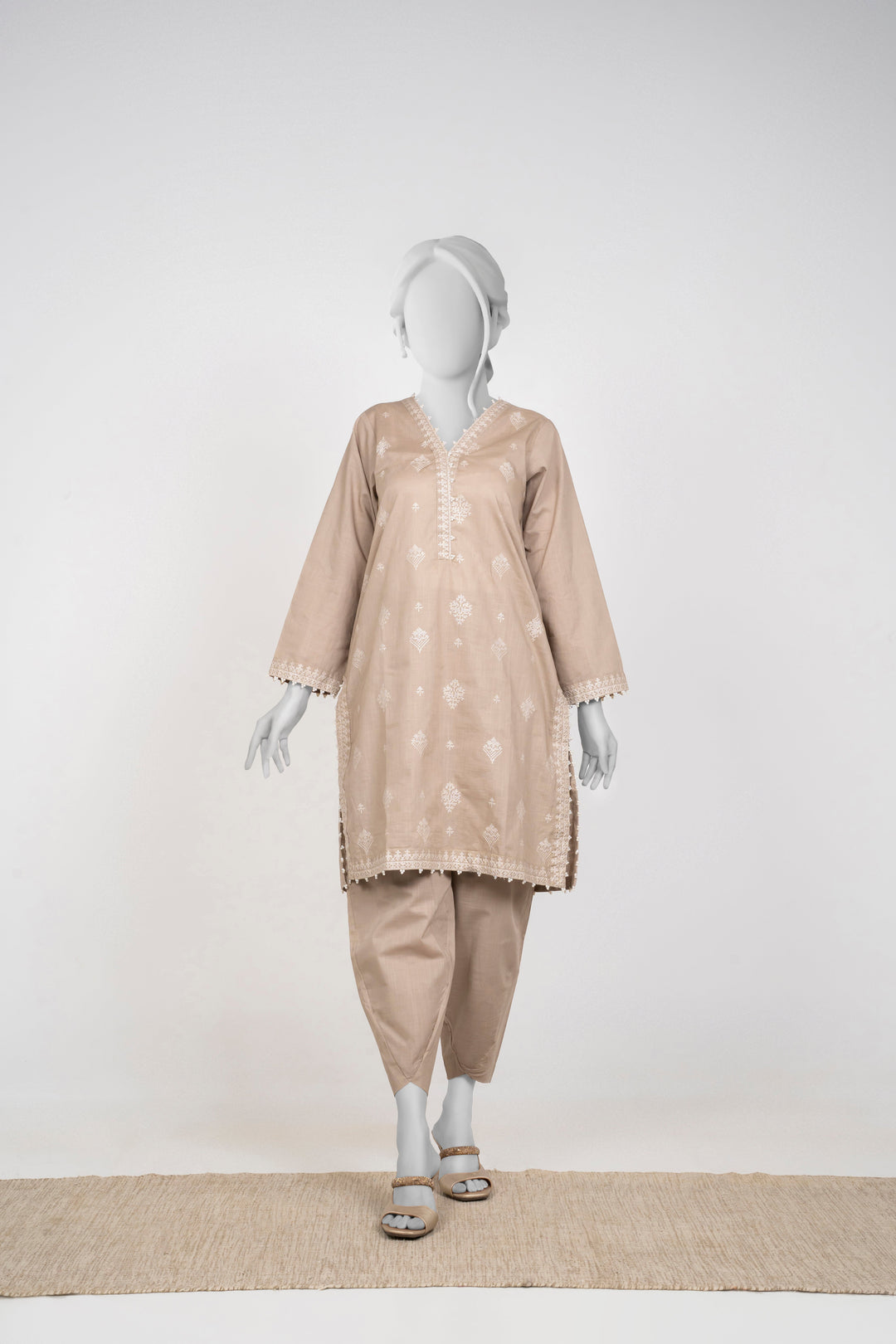 Ayla Studio - Chambray Embroidered Suit For Women - Mushroom Beige - 2 Piece