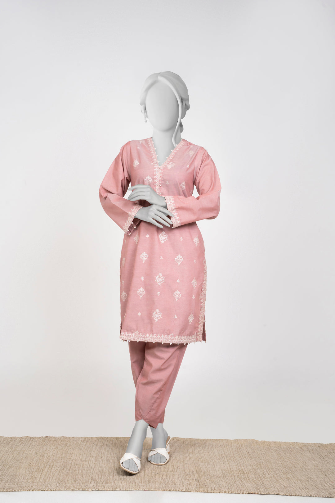 Ayla Studio - Chambray Embroidered Suit For Women - Pink - 2 Piece