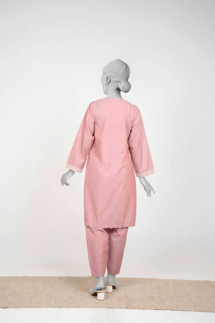 Ayla Studio - Chambray Embroidered Suit For Women - Pink - 2 Piece