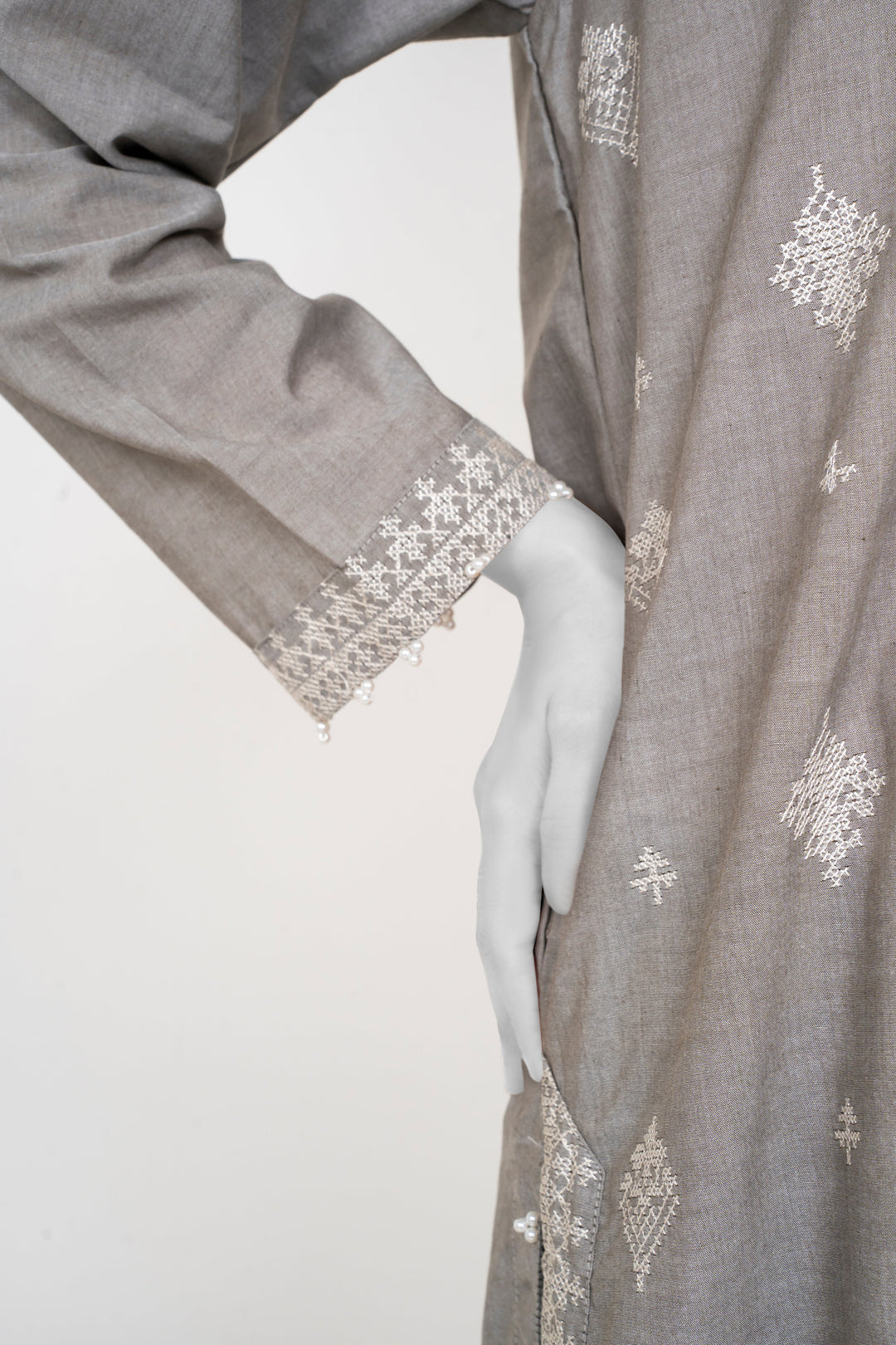 Ayla Studio - Chambray Embroidered Suit For Women - Silver Grey - 2 Piece