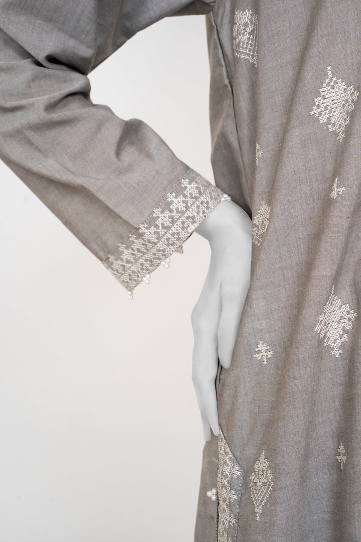 Ayla Studio - Chambray Embroidered Suit For Women - Silver Grey - 2 Piece