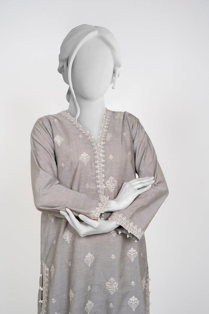 Ayla Studio - Chambray Embroidered Suit For Women - Silver Grey - 2 Piece