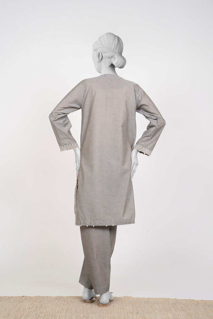 Ayla Studio - Chambray Embroidered Suit For Women - Silver Grey - 2 Piece