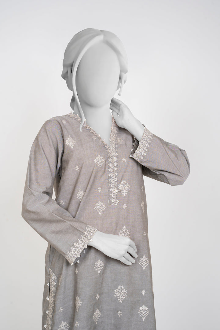 Ayla Studio - Chambray Embroidered Suit For Women - Silver Grey - 2 Piece