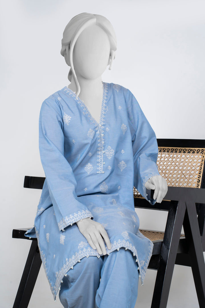 Ayla Studio - Chambray Embroidered Suit For Women - Sky Blue - 2 Piece