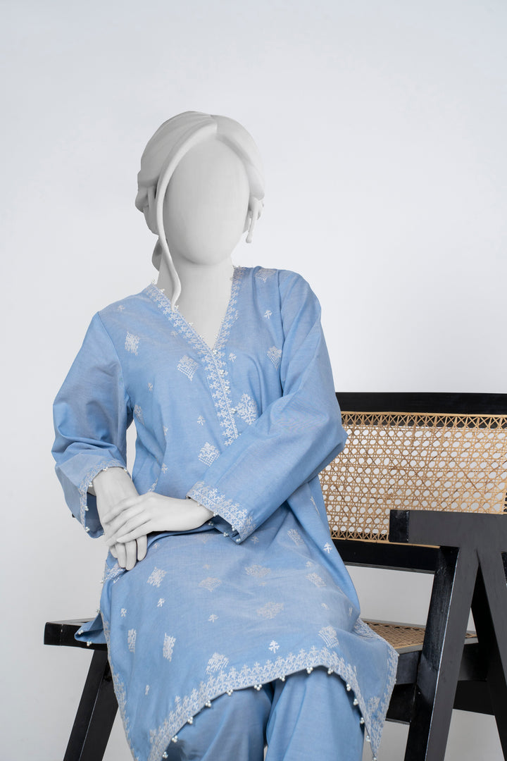Ayla Studio - Chambray Embroidered Suit For Women - Sky Blue - 2 Piece