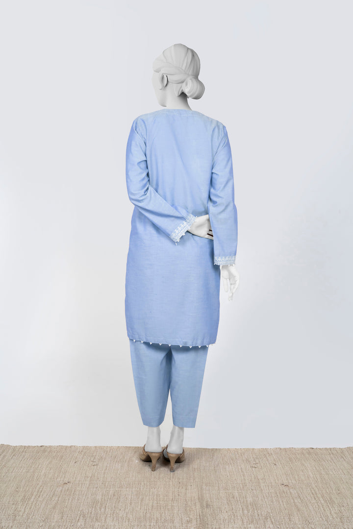 Ayla Studio - Chambray Embroidered Suit For Women - Sky Blue - 2 Piece