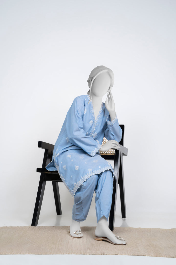 Ayla Studio - Chambray Embroidered Suit For Women - Sky Blue - 2 Piece