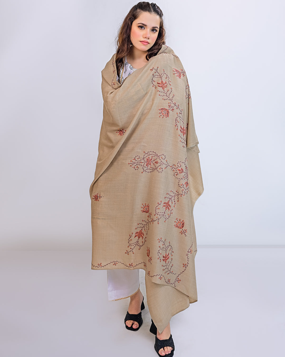 Ayla Studio - EMBROIDERED PASHMINA SHAWL - KALISA - Beige - 1 Piece