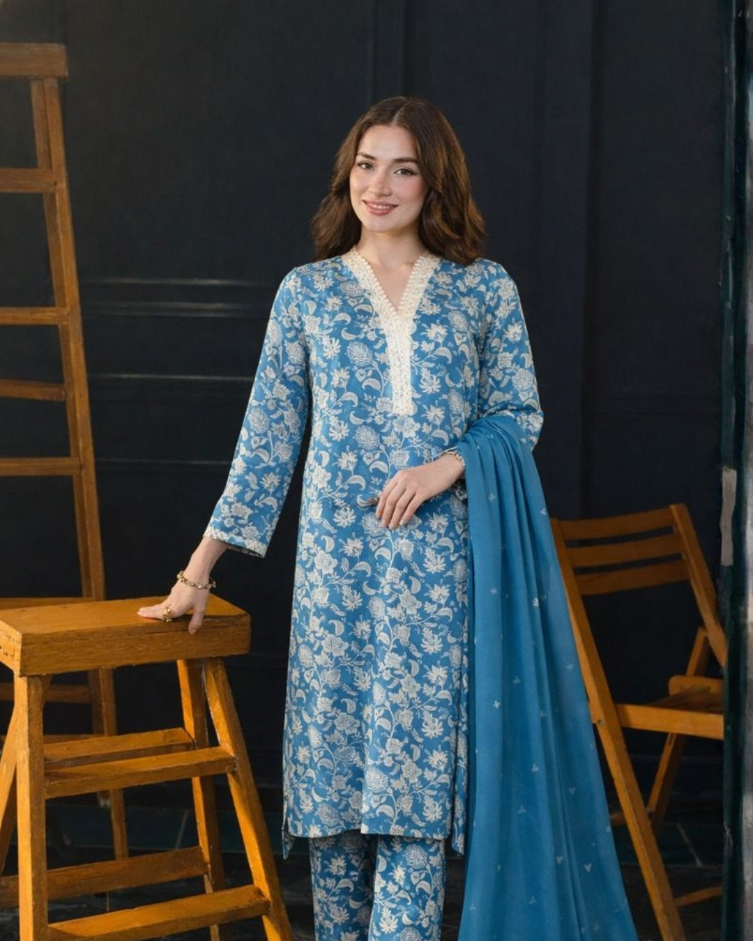 Ayla Studio - Feroza Gul Jacquard Suit For Women - Ferozi Blue - 3 Piece
