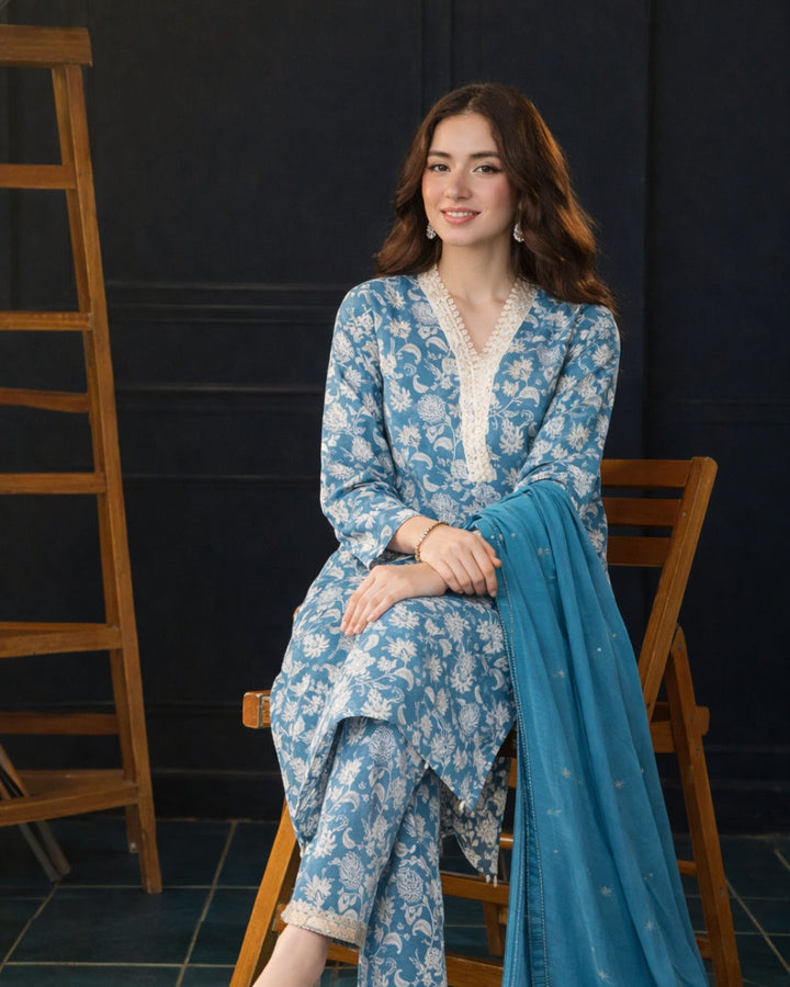 Ayla Studio - Feroza Gul Jacquard Suit For Women - Ferozi Blue - 3 Piece