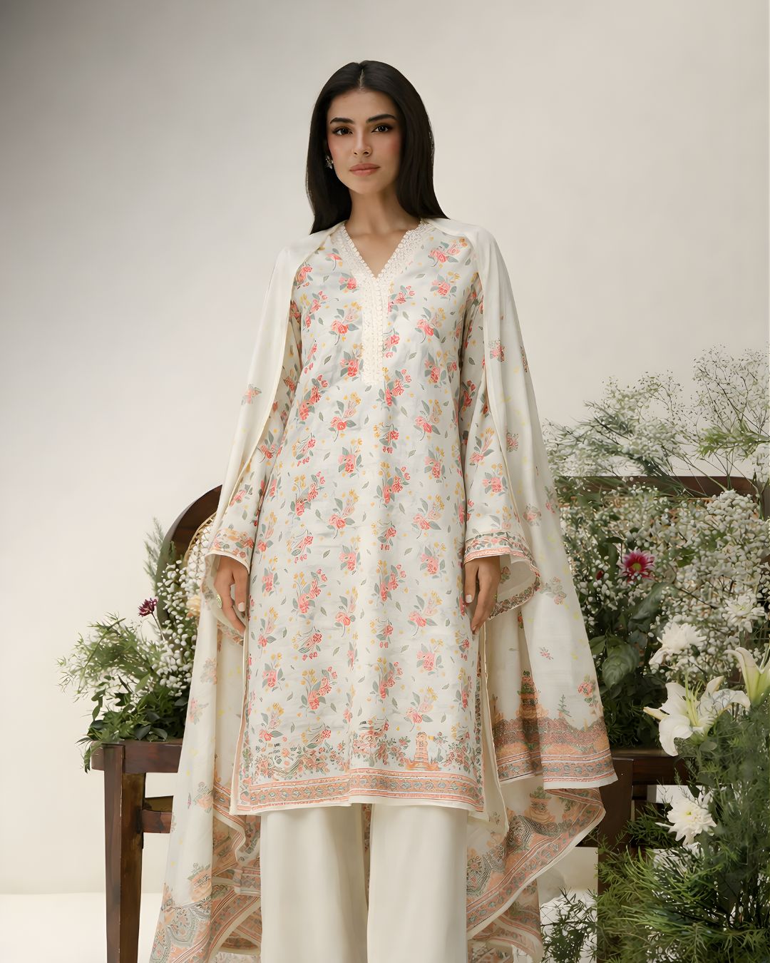 Ayla Studio - Gul-eNarma Jacquard Suit For Women - Pastel Cream - 3 Piece