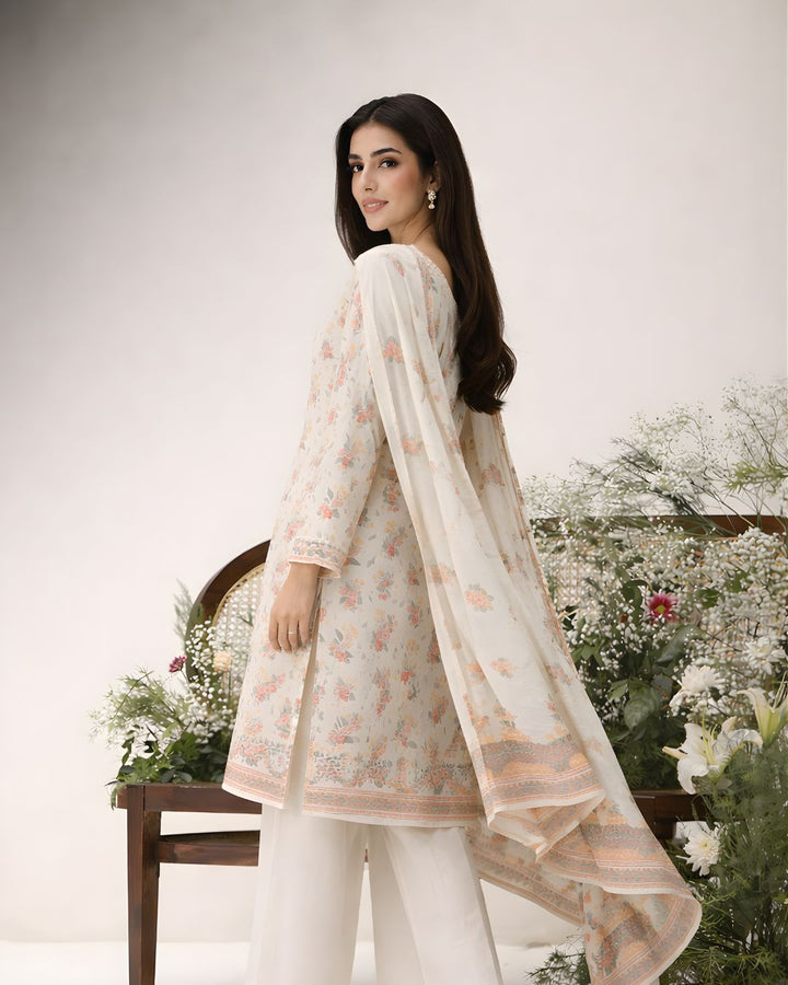 Ayla Studio - Gul-eNarma Jacquard Suit For Women - Pastel Cream - 3 Piece