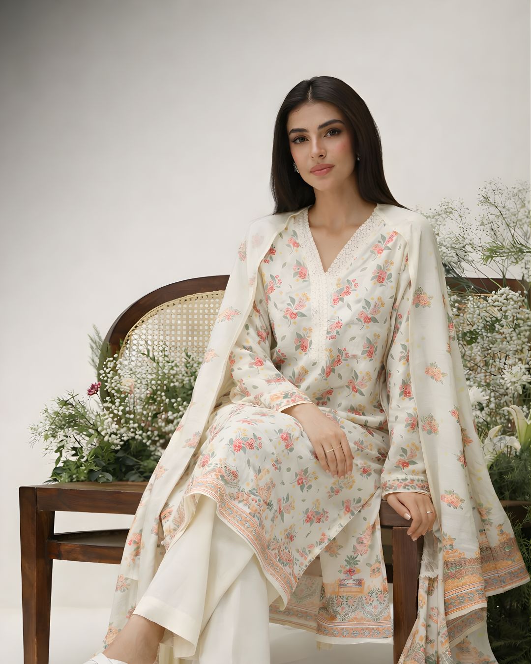 Ayla Studio - Gul-eNarma Jacquard Suit For Women - Pastel Cream - 3 Piece