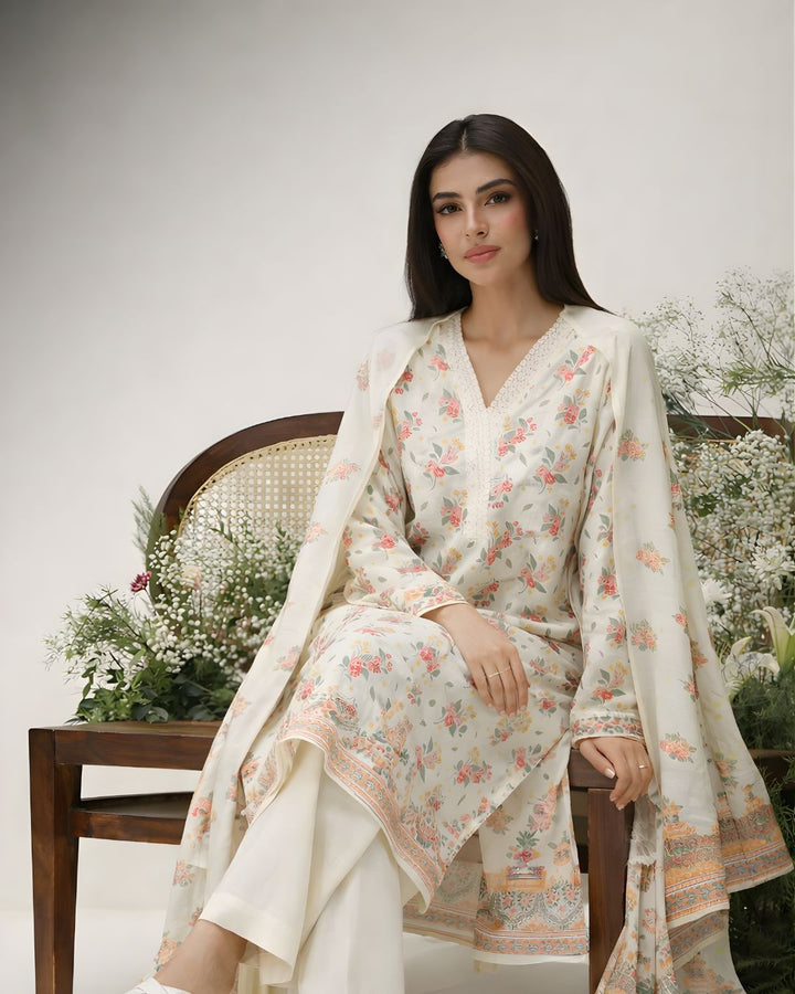 Ayla Studio - Gul-eNarma Jacquard Suit For Women - Pastel Cream - 3 Piece