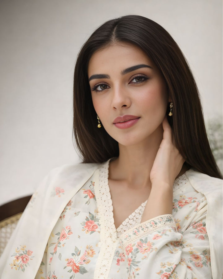 Ayla Studio - Gul-eNarma Jacquard Suit For Women - Pastel Cream - 3 Piece