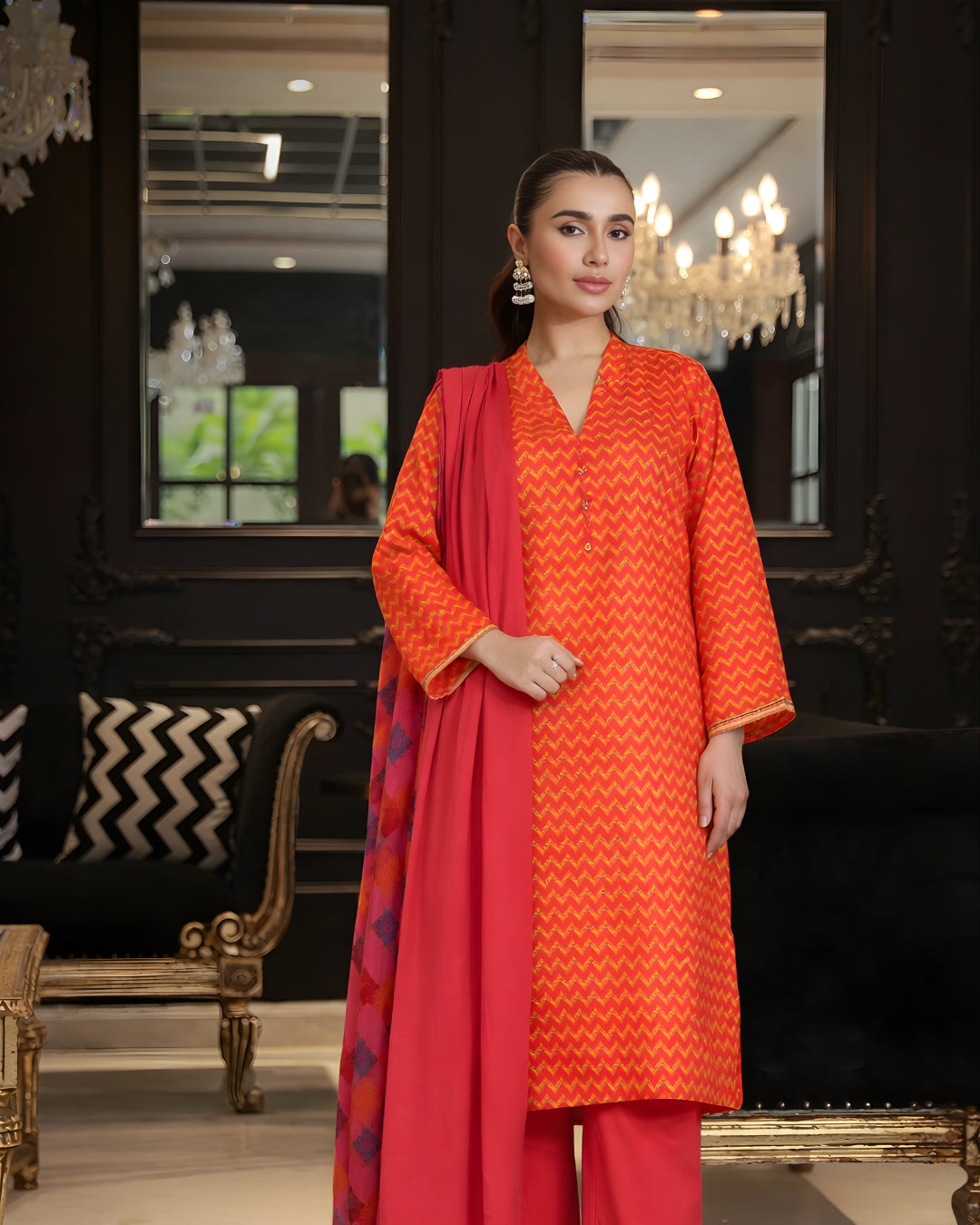 Ayla Studio - Gulnaar Wave Jacquard Suit For Women - Orange - 3 Piece