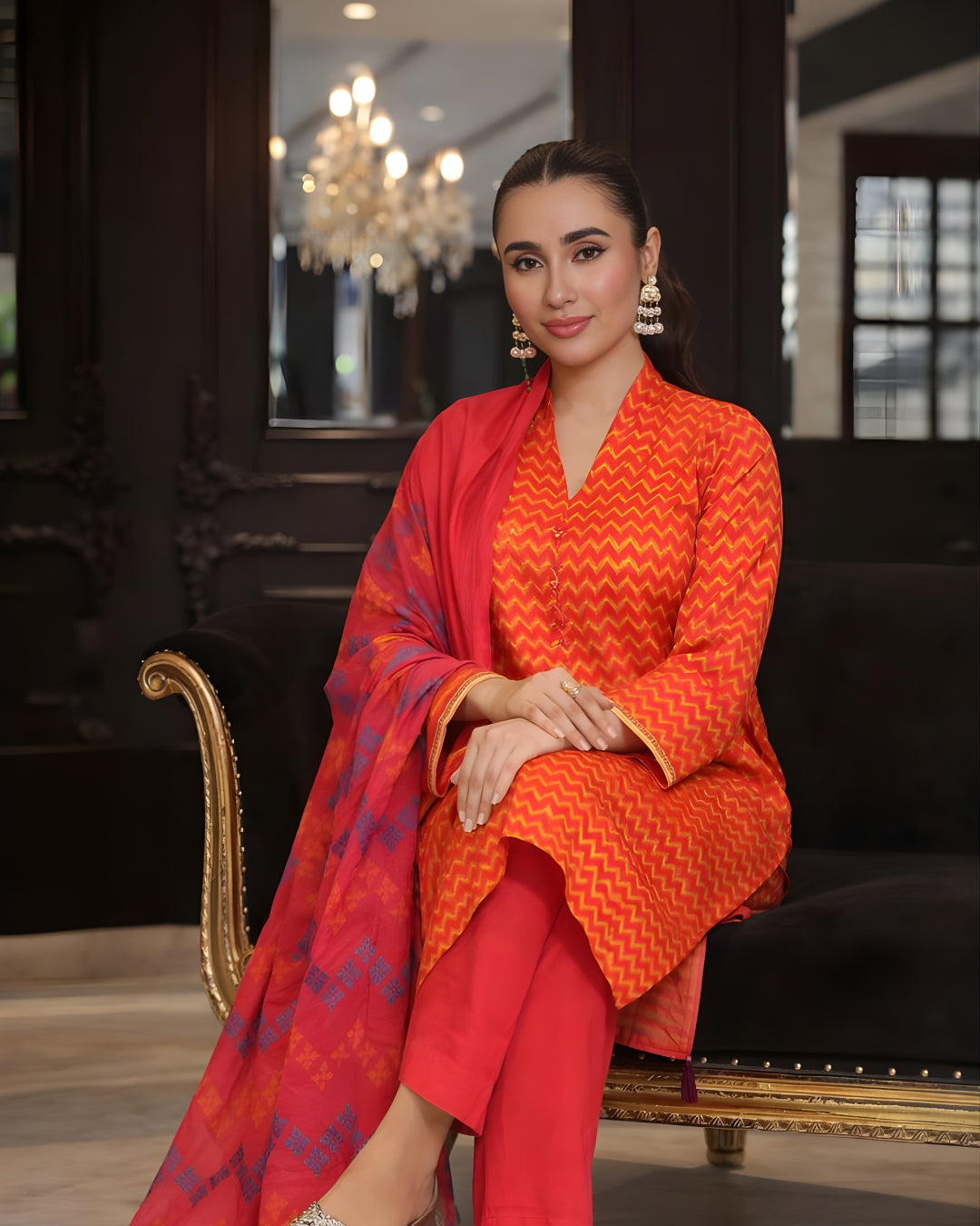 Ayla Studio - Gulnaar Wave Jacquard Suit For Women - Orange - 3 Piece