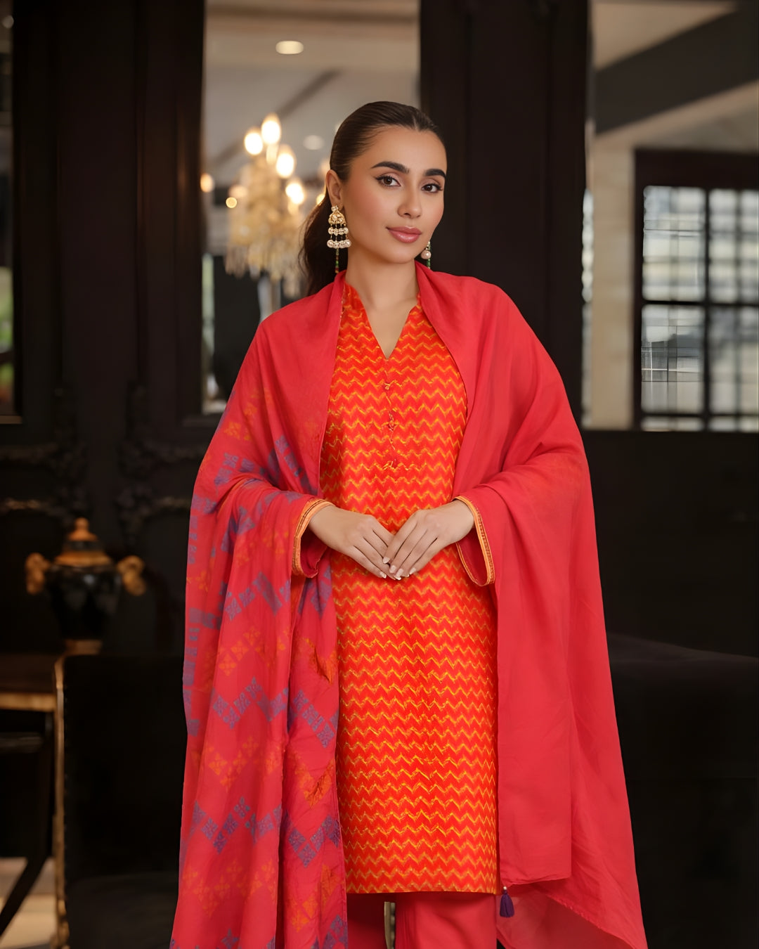 Ayla Studio - Gulnaar Wave Jacquard Suit For Women - Orange - 3 Piece