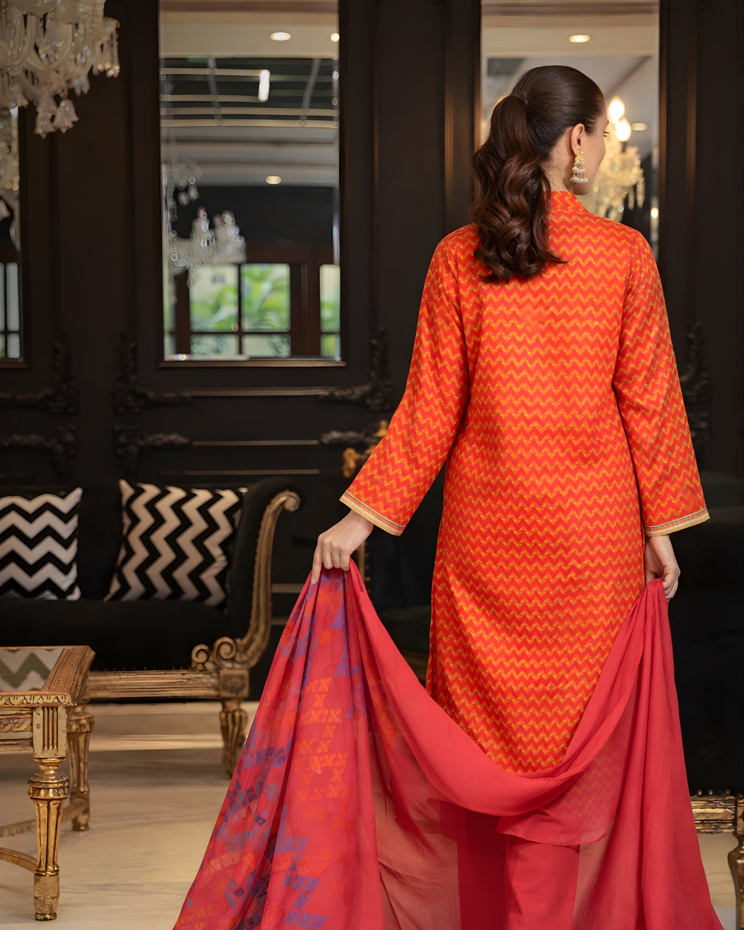 Ayla Studio - Gulnaar Wave Jacquard Suit For Women - Orange - 3 Piece