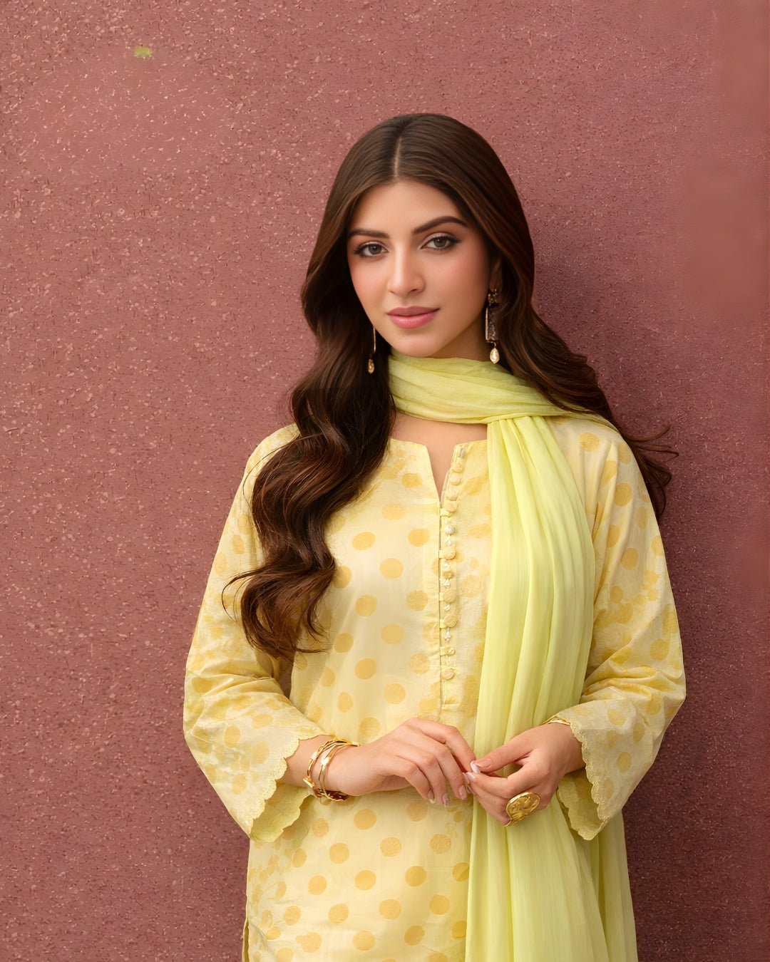 Ayla Studio - Lemon Baft Jacquard Suit For Women - Summer Lemon - 3 Piece