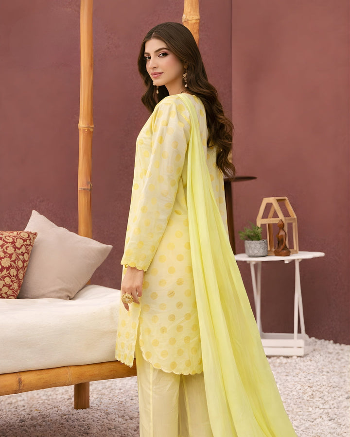 Ayla Studio - Lemon Baft Jacquard Suit For Women - Summer Lemon - 3 Piece