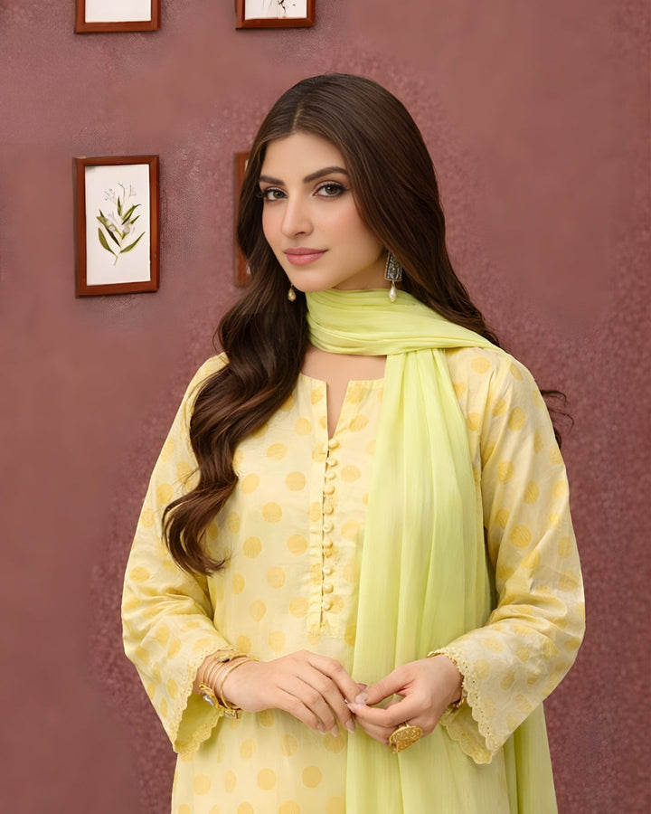 Ayla Studio - Lemon Baft Jacquard Suit For Women - Summer Lemon - 3 Piece