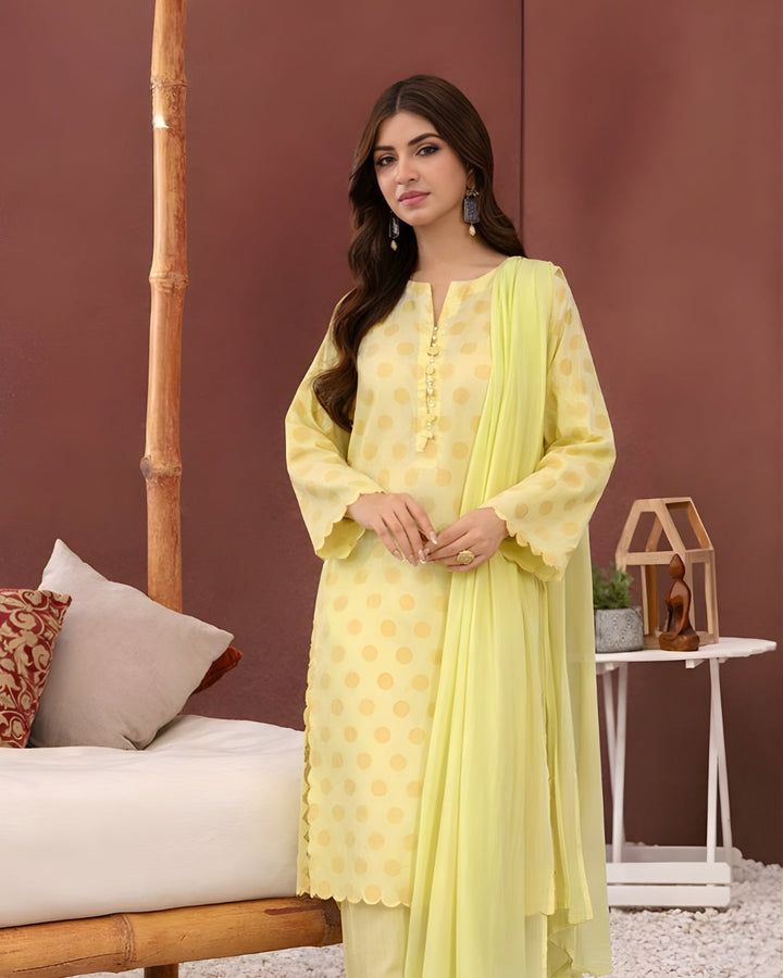 Ayla Studio - Lemon Baft Jacquard Suit For Women - Summer Lemon - 3 Piece