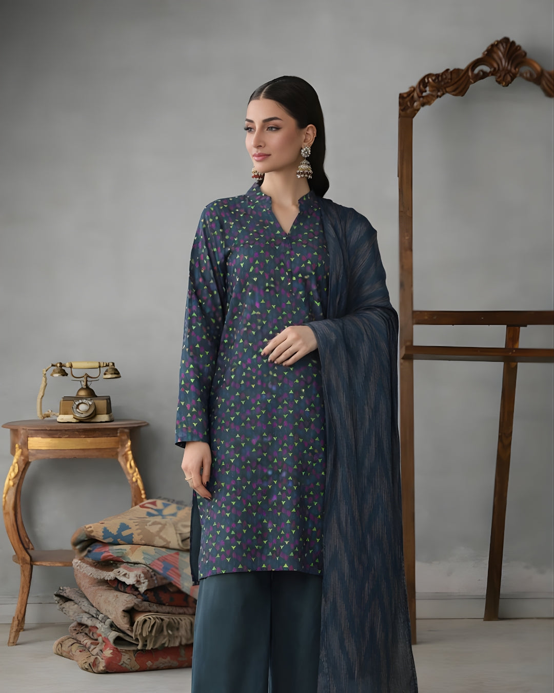 Ayla Studio - Neel Kamal Jacquard Suit For Women - Ink Blue - 3 Piece