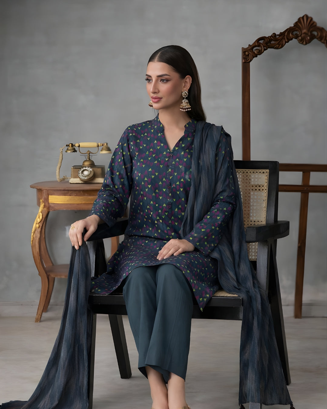 Ayla Studio - Neel Kamal Jacquard Suit For Women - Ink Blue - 3 Piece
