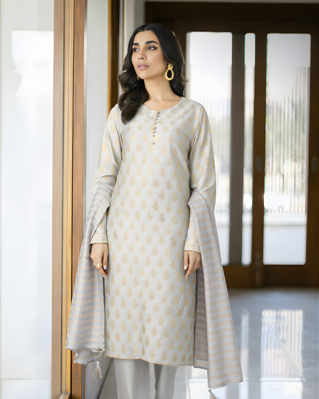 Ayla Studio - Sahab Baft Jacquard Suit For Women - Ice Grey - 3 Piece