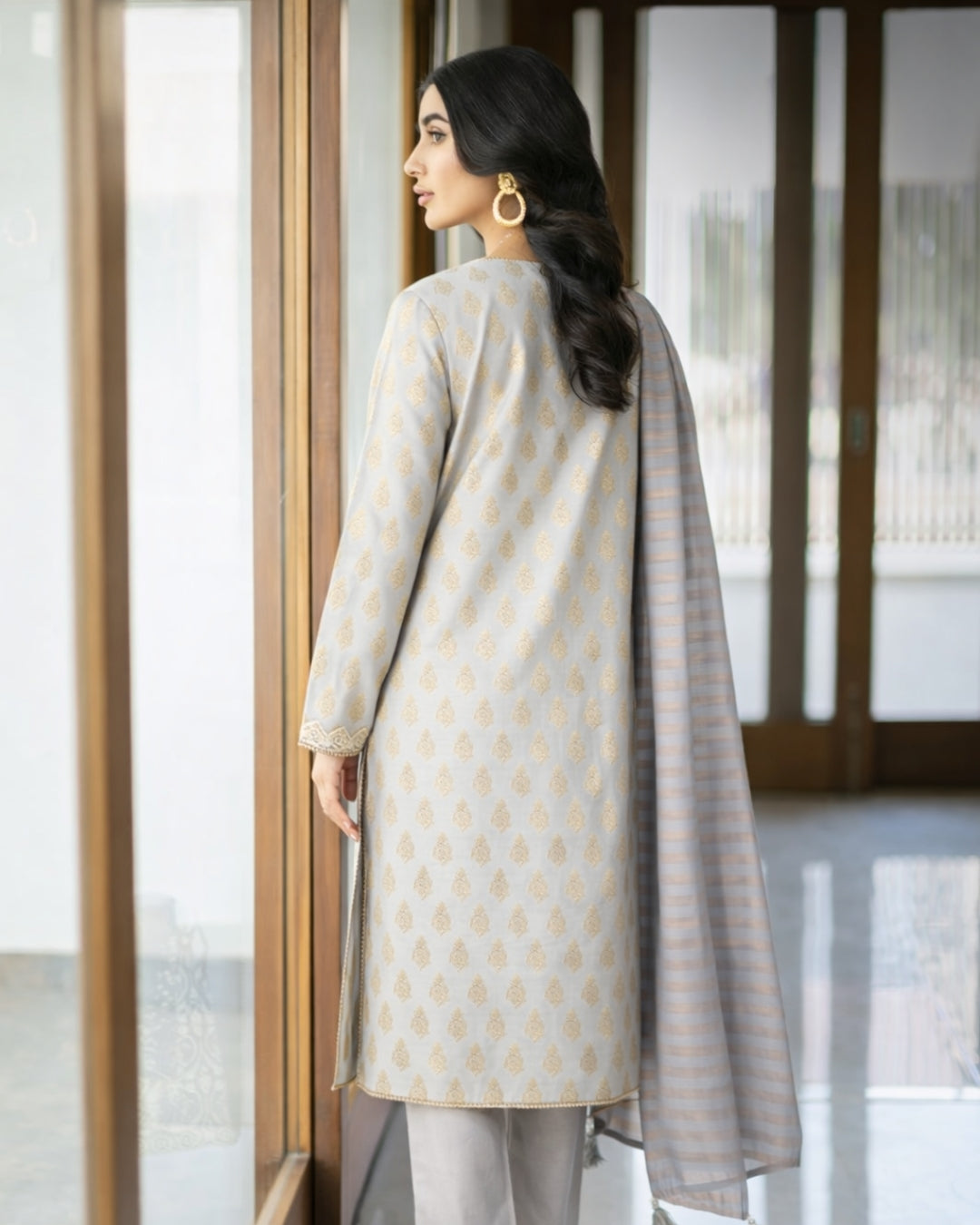 Ayla Studio - Sahab Baft Jacquard Suit For Women - Ice Grey - 3 Piece