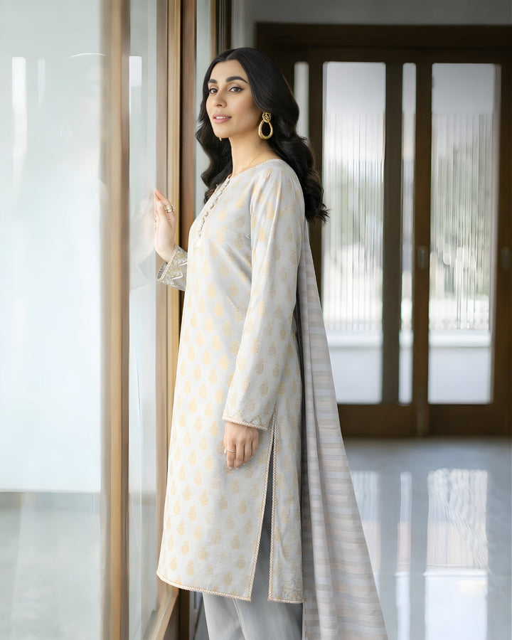 Ayla Studio - Sahab Baft Jacquard Suit For Women - Ice Grey - 3 Piece