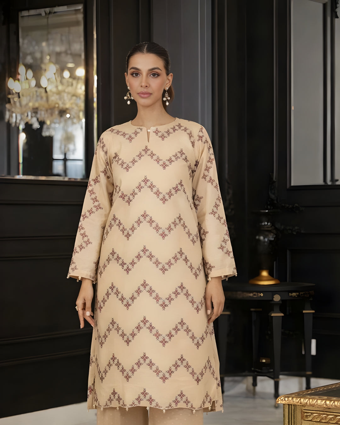 Ayla Studio - Sahar Lines Jacquard Suit For Women - Neutral Beige - 3 Piece