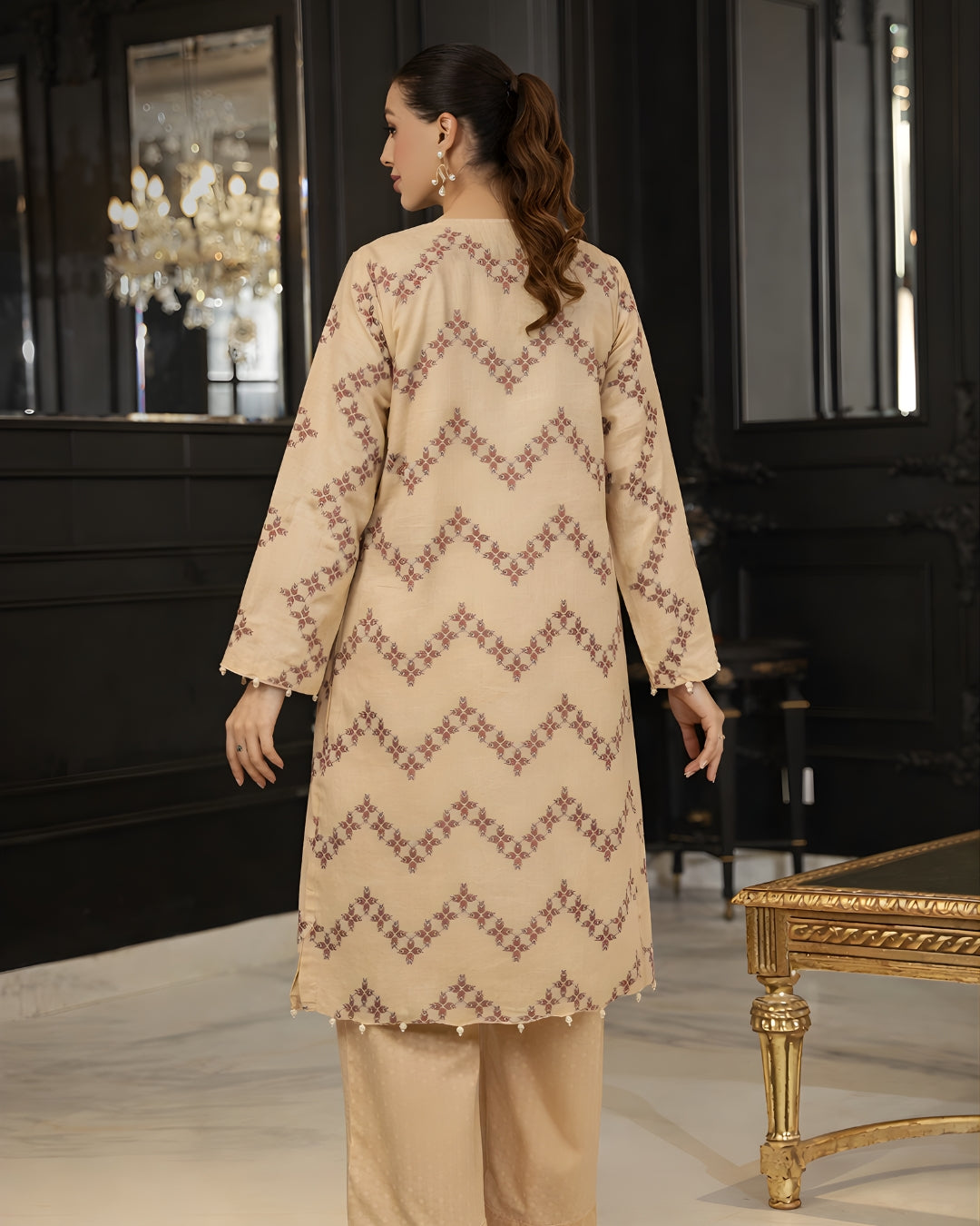 Ayla Studio - Sahar Lines Jacquard Suit For Women - Neutral Beige - 3 Piece