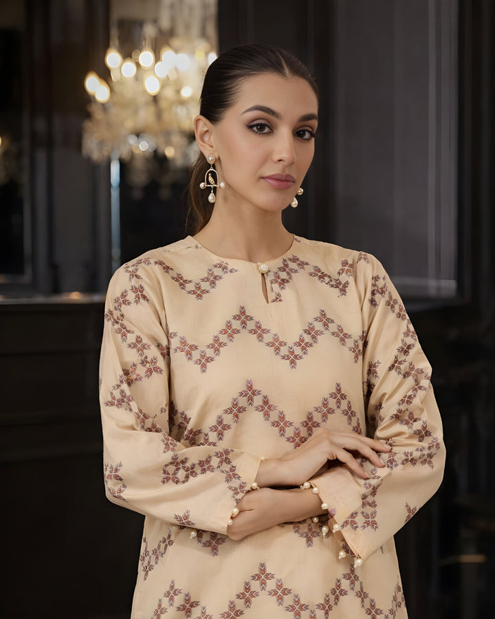 Ayla Studio - Sahar Lines Jacquard Suit For Women - Neutral Beige - 3 Piece
