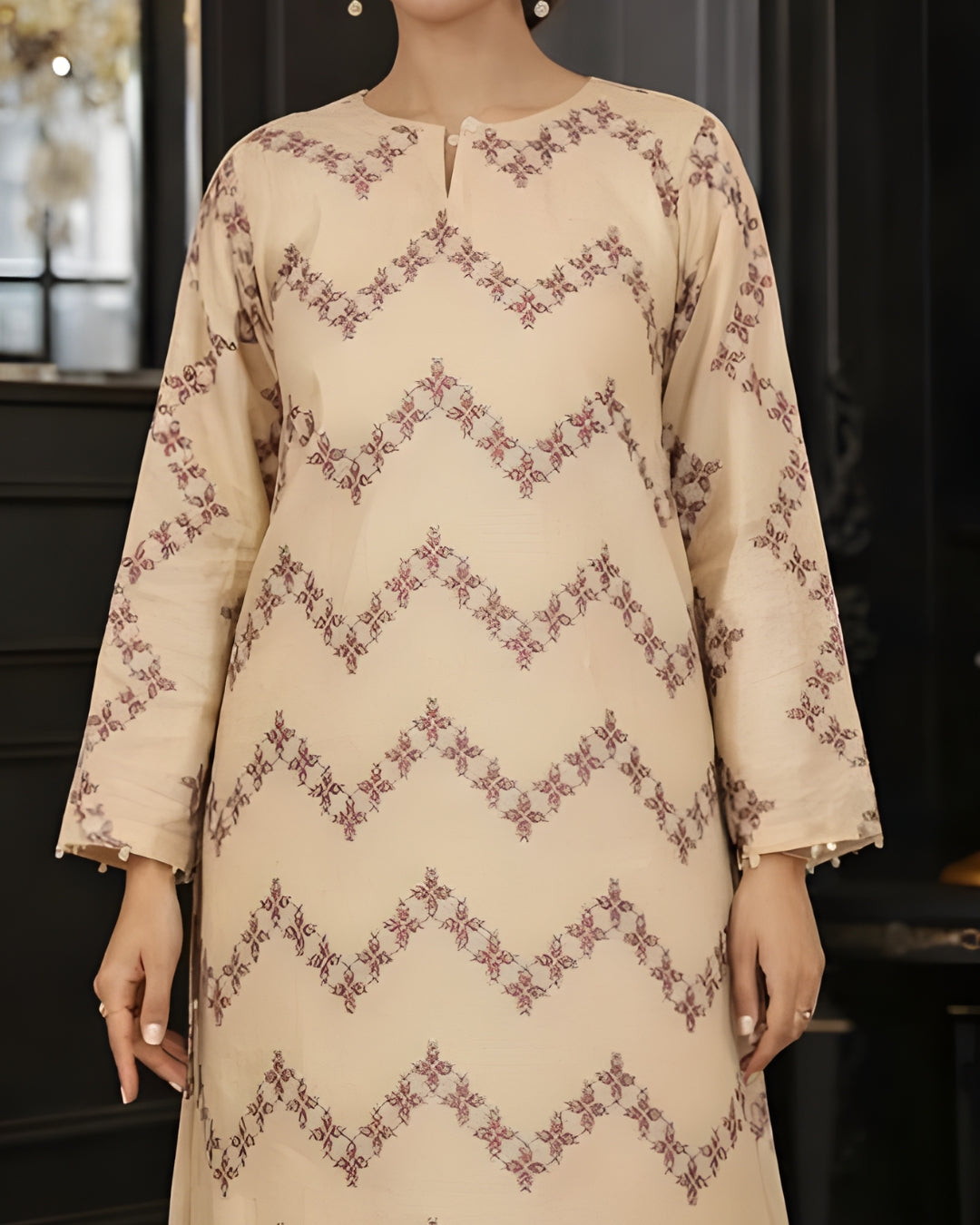 Ayla Studio - Sahar Lines Jacquard Suit For Women - Neutral Beige - 3 Piece