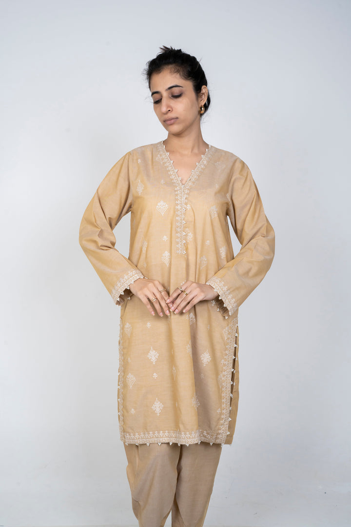 Ayla Studio - Solid Embroidered | 2-Piece Rtw | Beige
