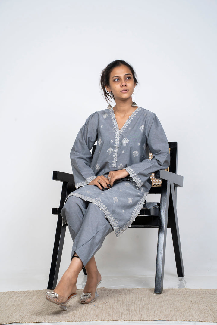 Ayla Studio - Solid Embroidered | 2-Piece Rtw | Grey