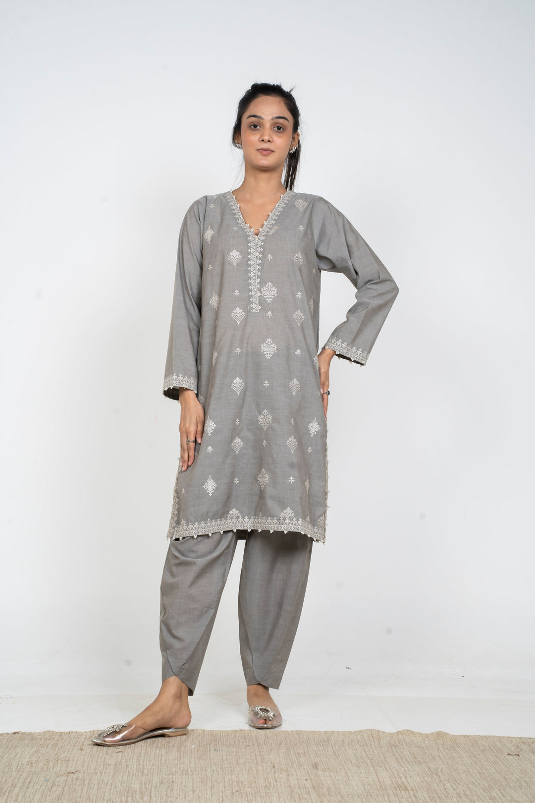 Ayla Studio - Solid Embroidered | 2-Piece Rtw | Silver Grey