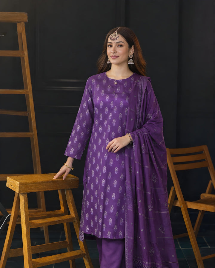 Ayla Studio - Zafaran Baft Jacquard Suit For Women - Purple - 3 Piece