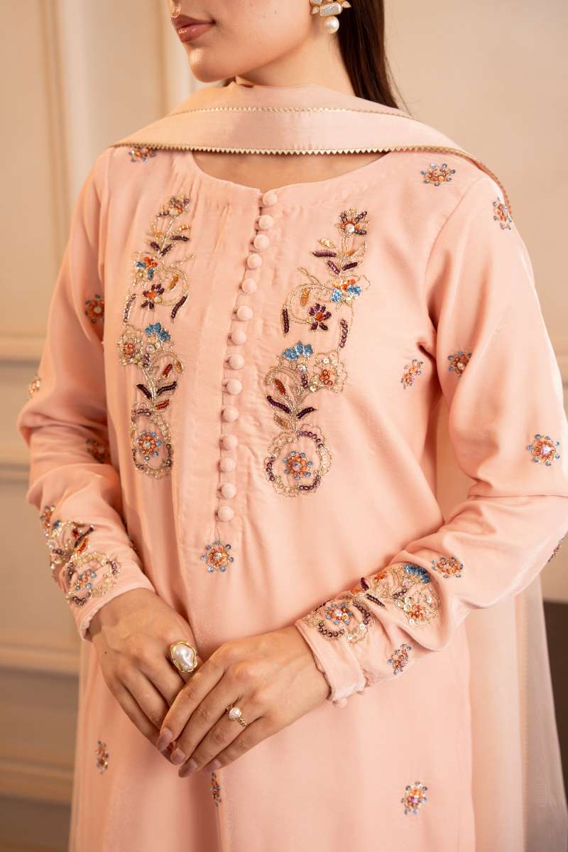 Fozia Khalid - Bloom - Peach - Premium Velvet - 3 Piece