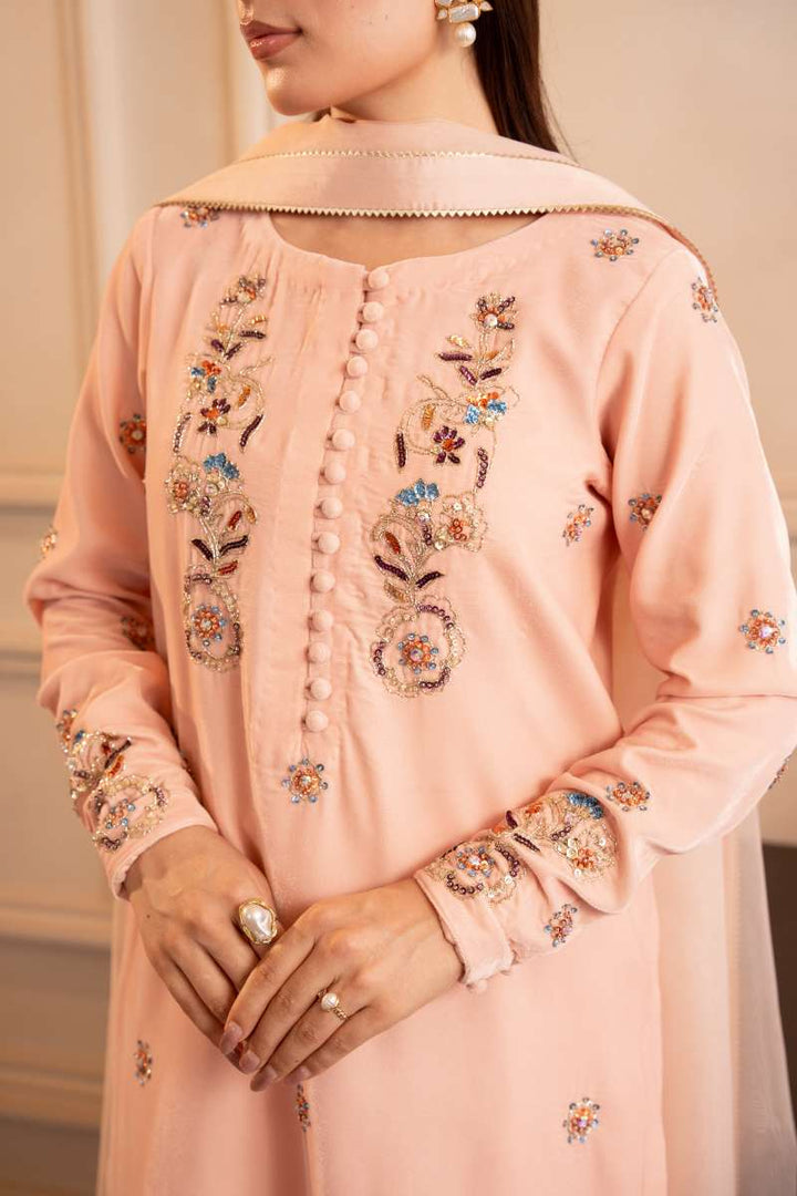 Fozia Khalid - Bloom - Peach - Premium Velvet - 3 Piece