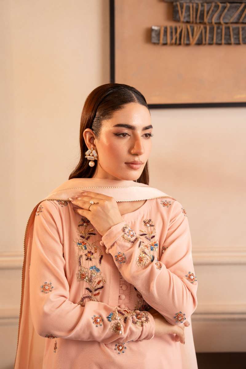 Fozia Khalid - Bloom - Peach - Premium Velvet - 3 Piece